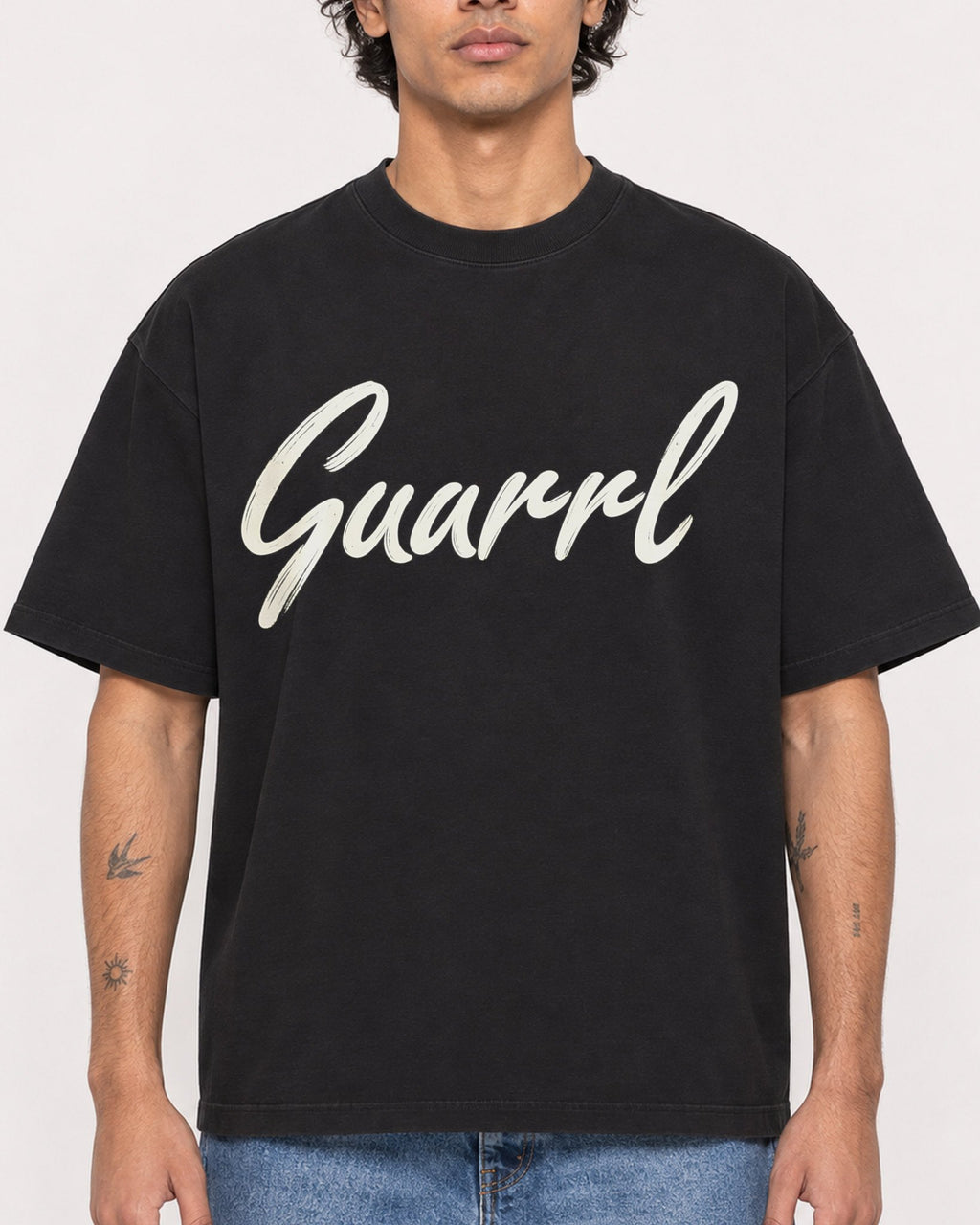 Mockup Boxy Heavyweight Tee Black male close-up 30