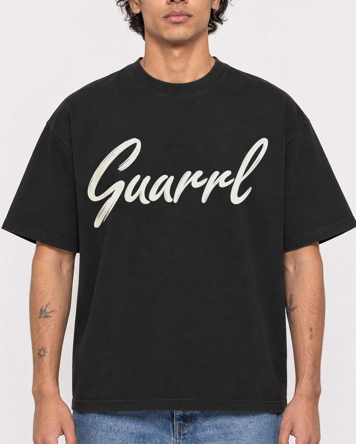 Mockup Boxy Heavyweight Tee Black male close-up 30
