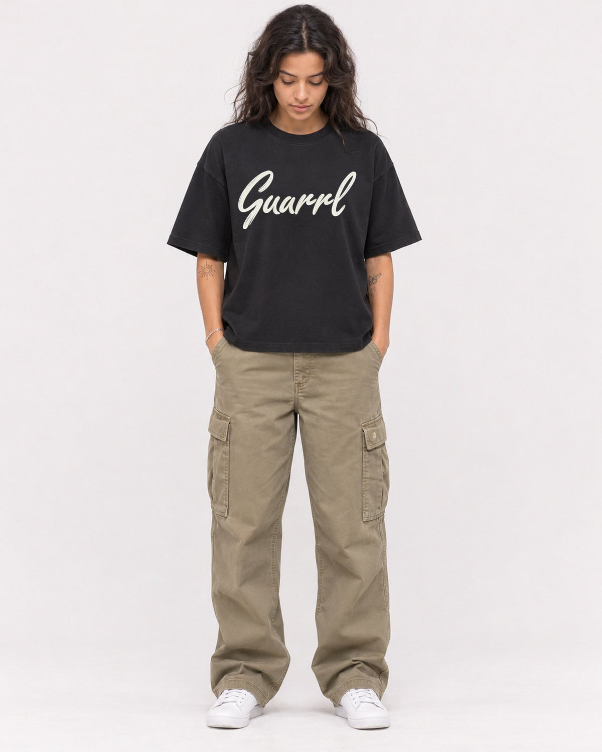 Mockup Boxy Heavyweight Tee Black female full-body 30
