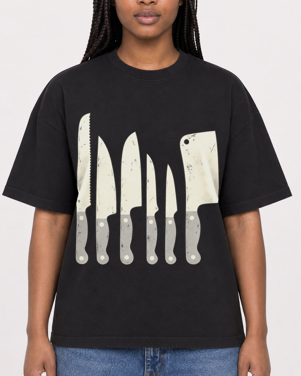 Mockup Boxy Heavyweight Tee Black female close-up 04