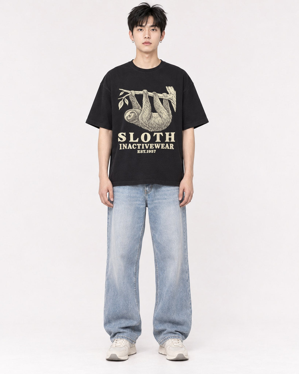 Mockup Boxy Heavyweight Tee Black male full-body 01