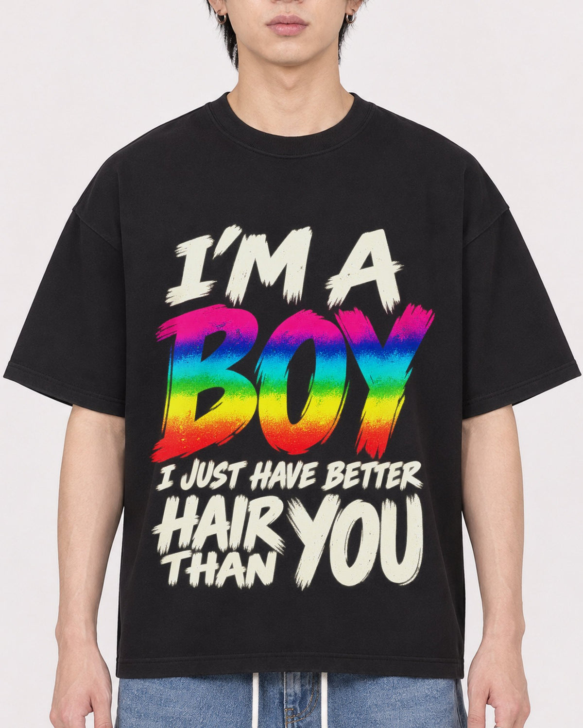 Mockup Boxy Heavyweight Tee Black male close-up 11