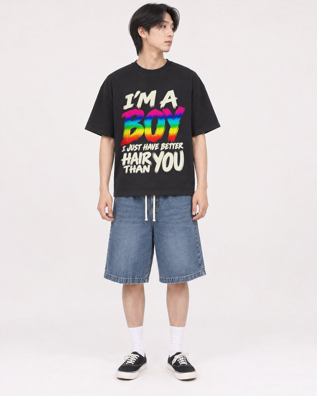 Mockup Boxy Heavyweight Tee Black male full-body 11