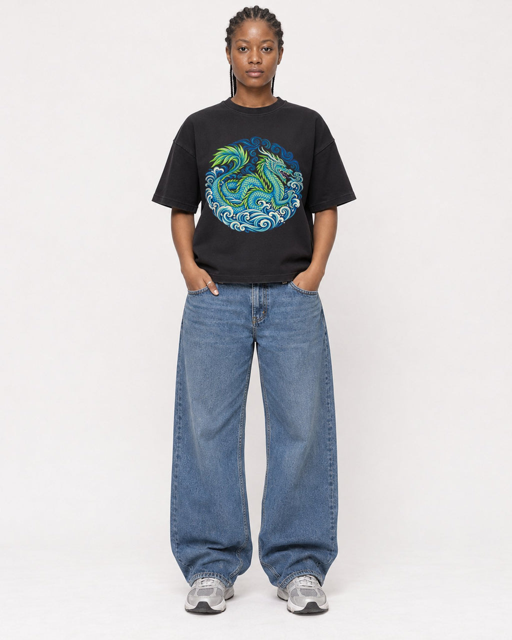 Mockup Boxy Heavyweight Tee Black female full-body 44