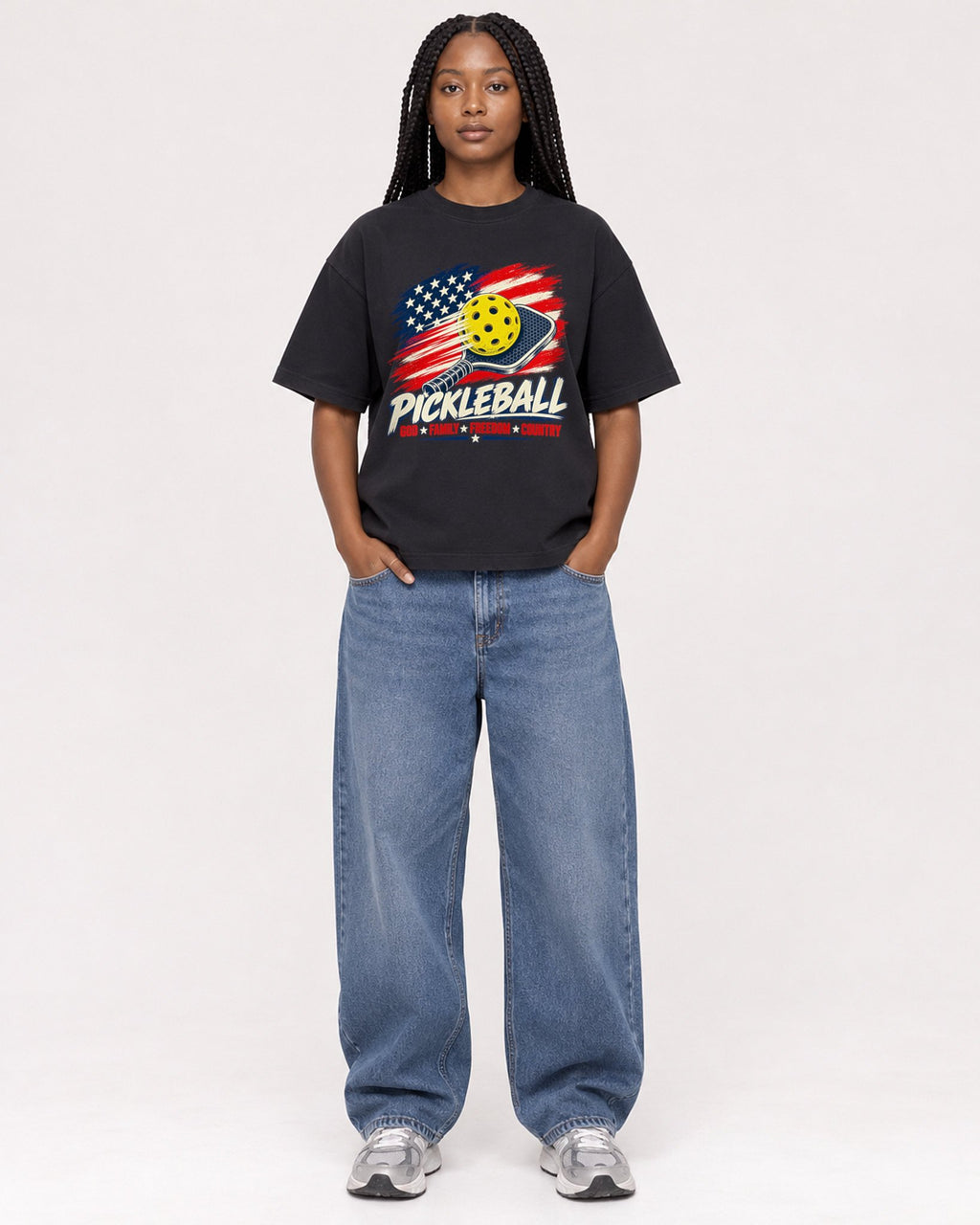 Mockup Boxy Heavyweight Tee Black female full-body 04