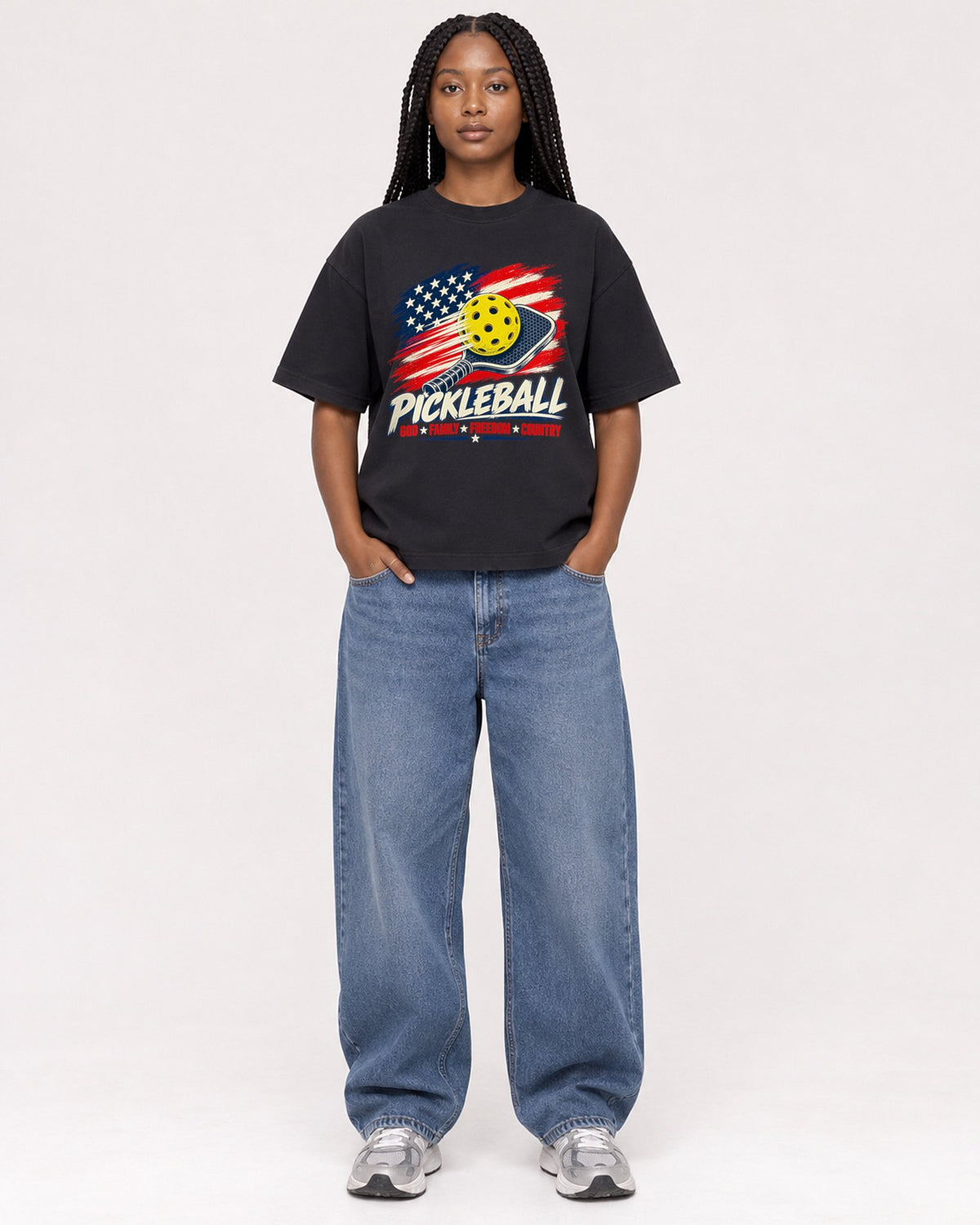 Mockup Boxy Heavyweight Tee Black female full-body 04