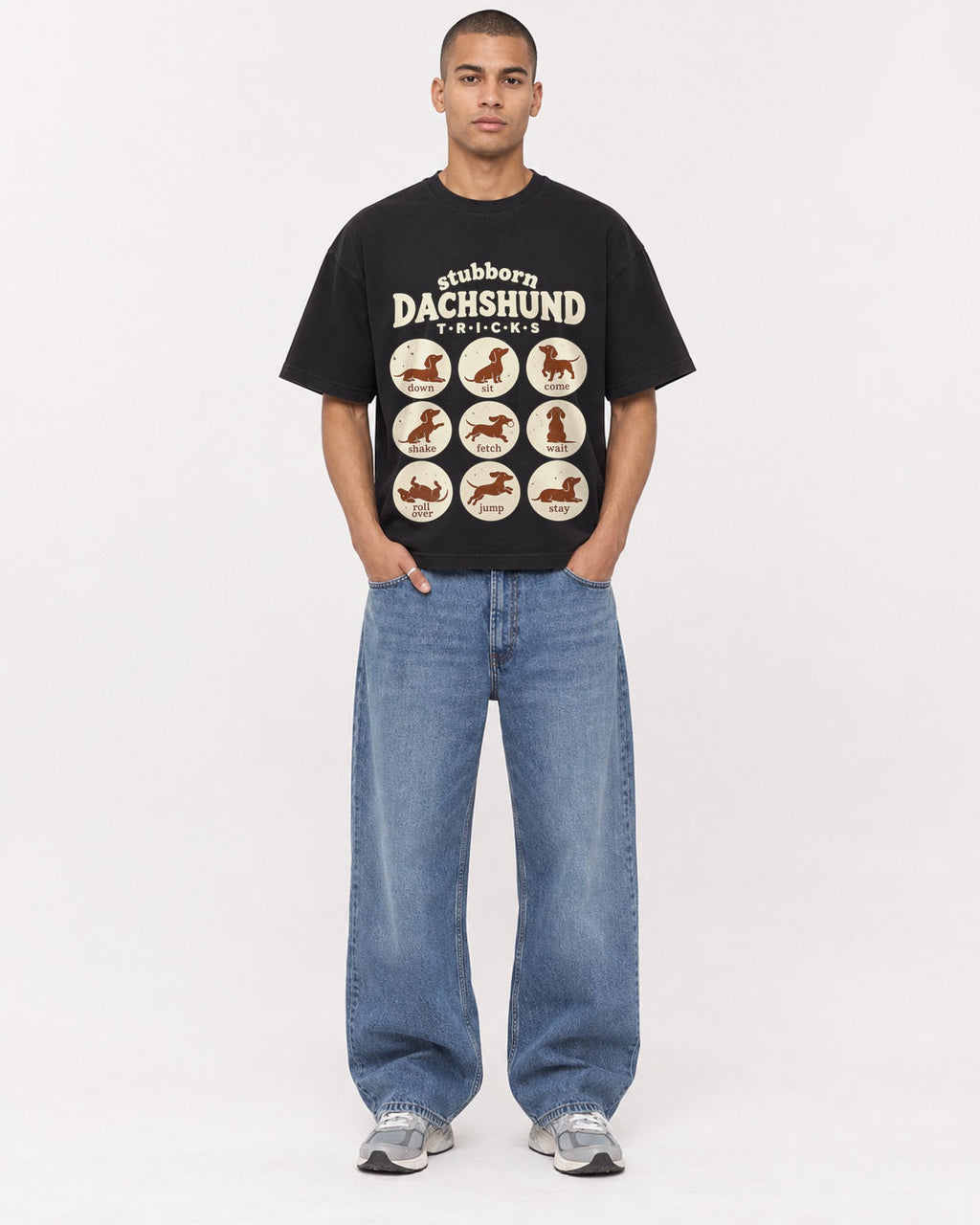 Mockup Boxy Heavyweight Tee Black male full-body 50