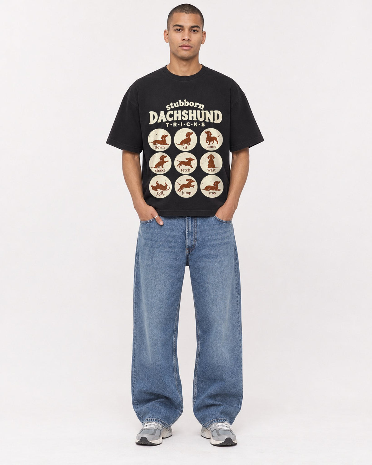 Mockup Boxy Heavyweight Tee Black male full-body 50