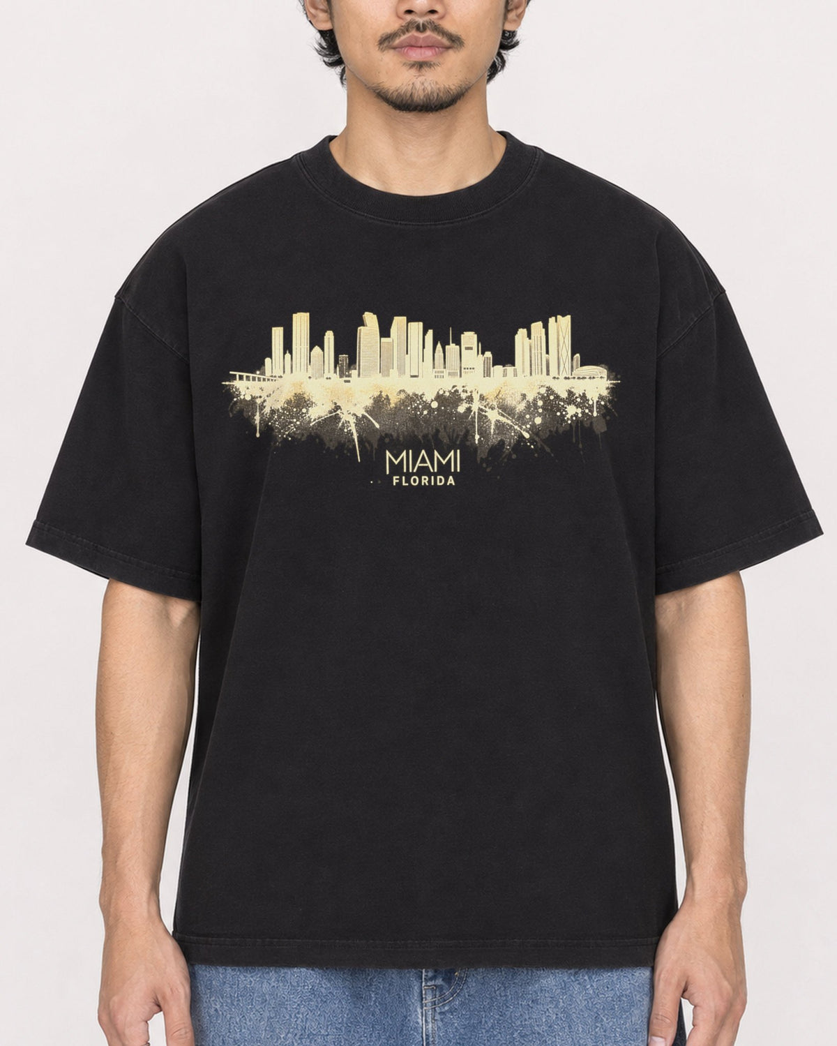 Mockup Boxy Heavyweight Tee Black male close-up 02