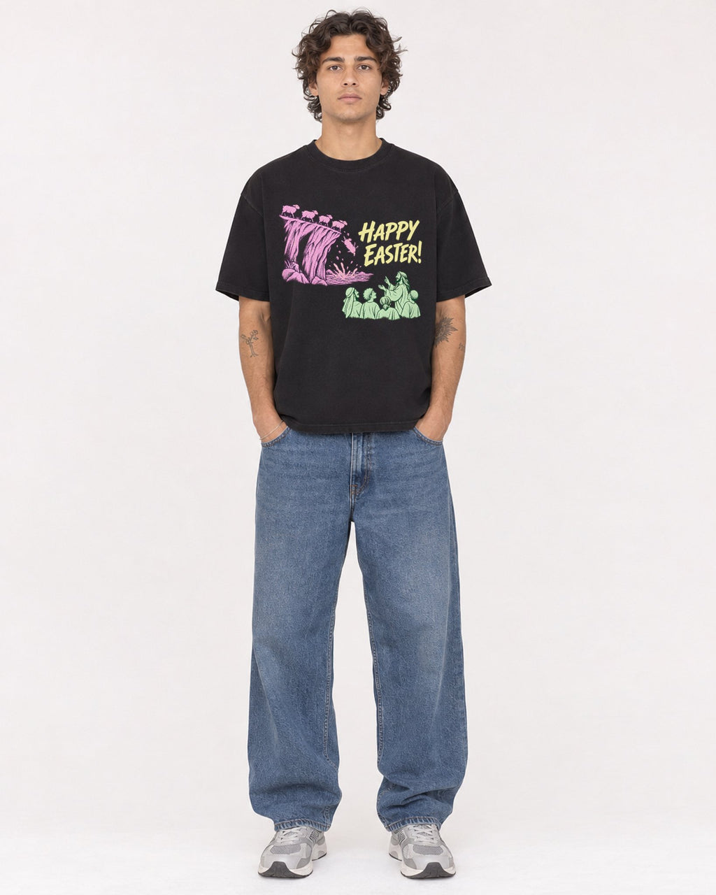 Mockup Boxy Heavyweight Tee Black male full-body 30