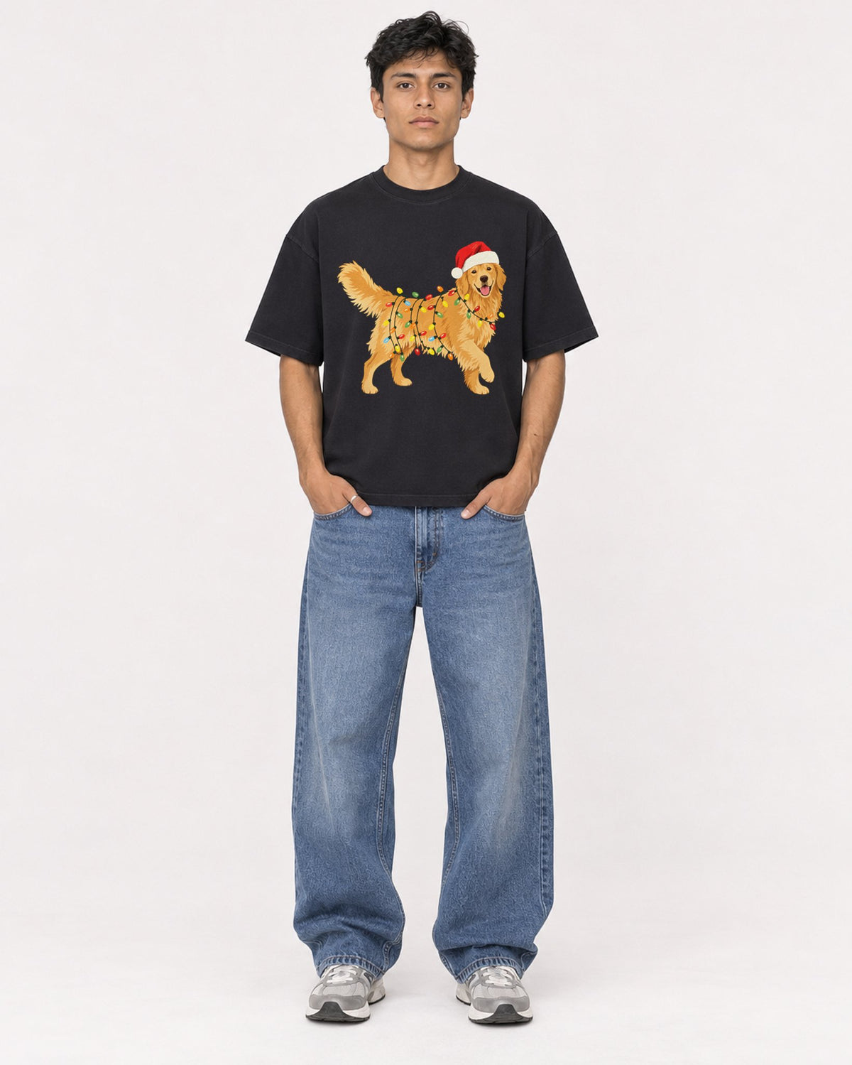 Mockup Boxy Heavyweight Tee Black male full-body 46