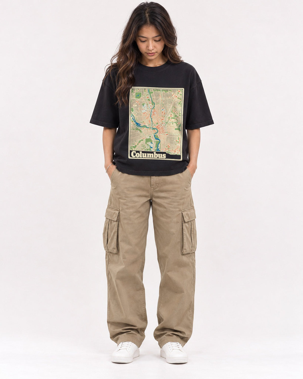 Mockup Boxy Heavyweight Tee Black female full-body 02