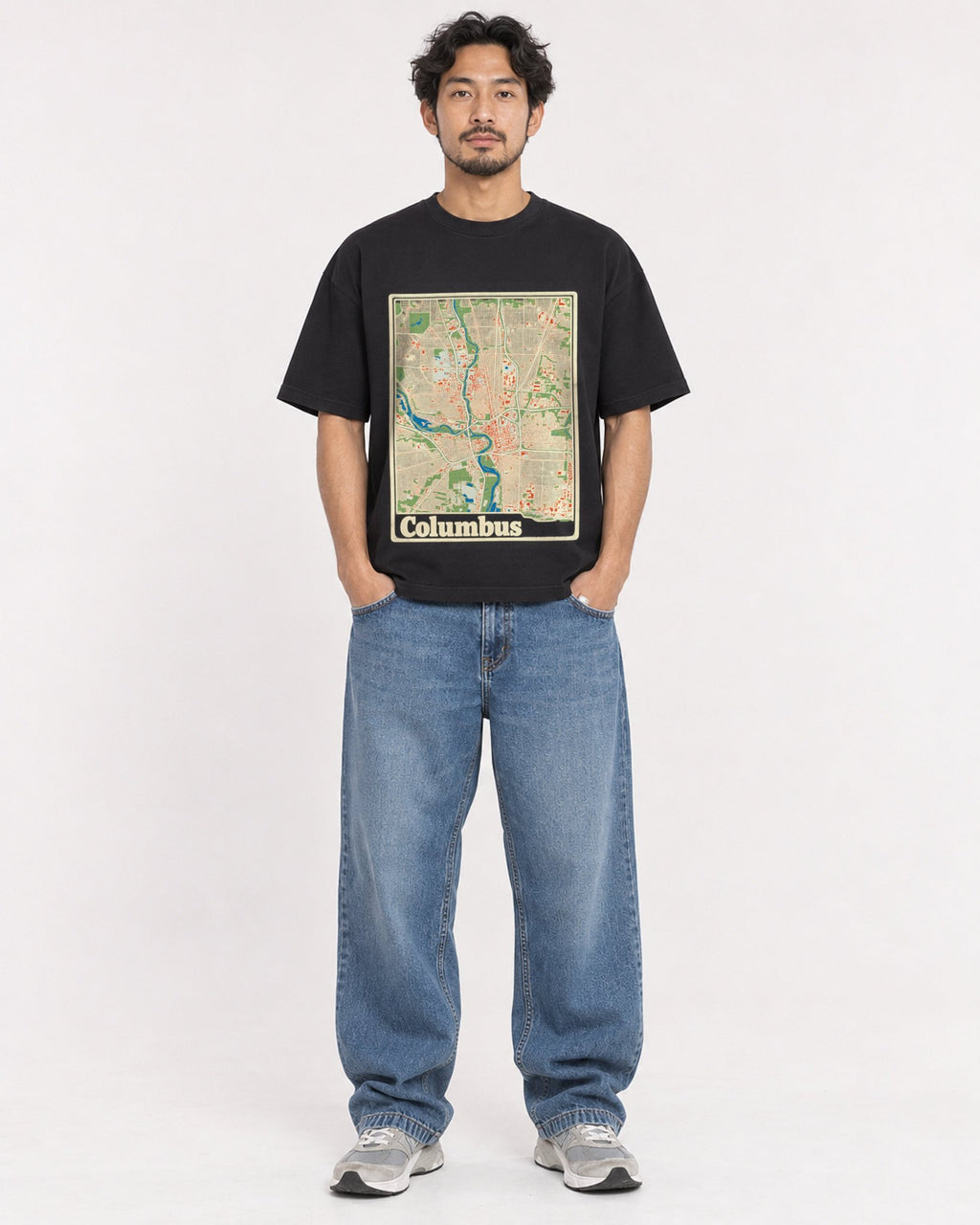 Mockup Boxy Heavyweight Tee Black male full-body 02