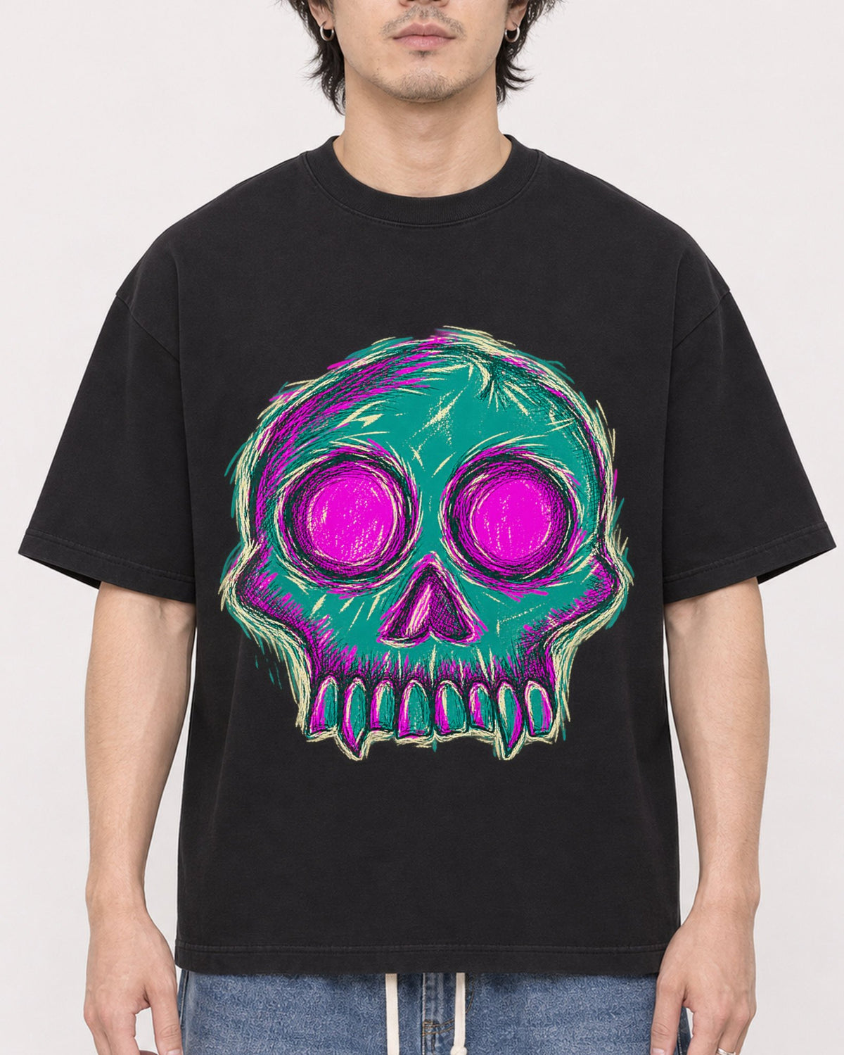 Mockup Boxy Heavyweight Tee Black male close-up 03