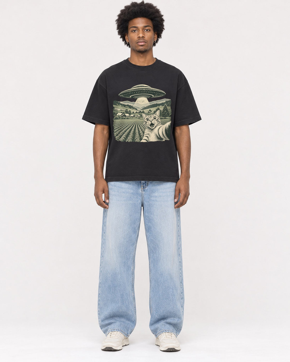 Mockup Boxy Heavyweight Tee Black male full-body 45