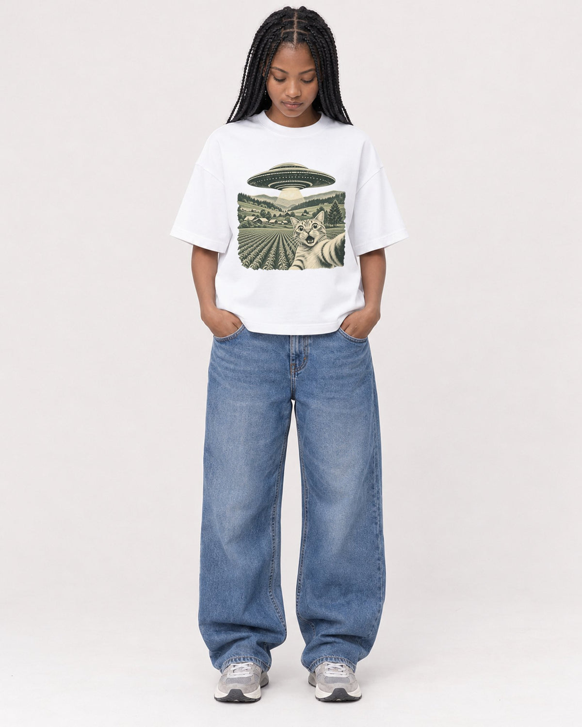 Mockup Boxy Heavyweight Tee White female full-body 45