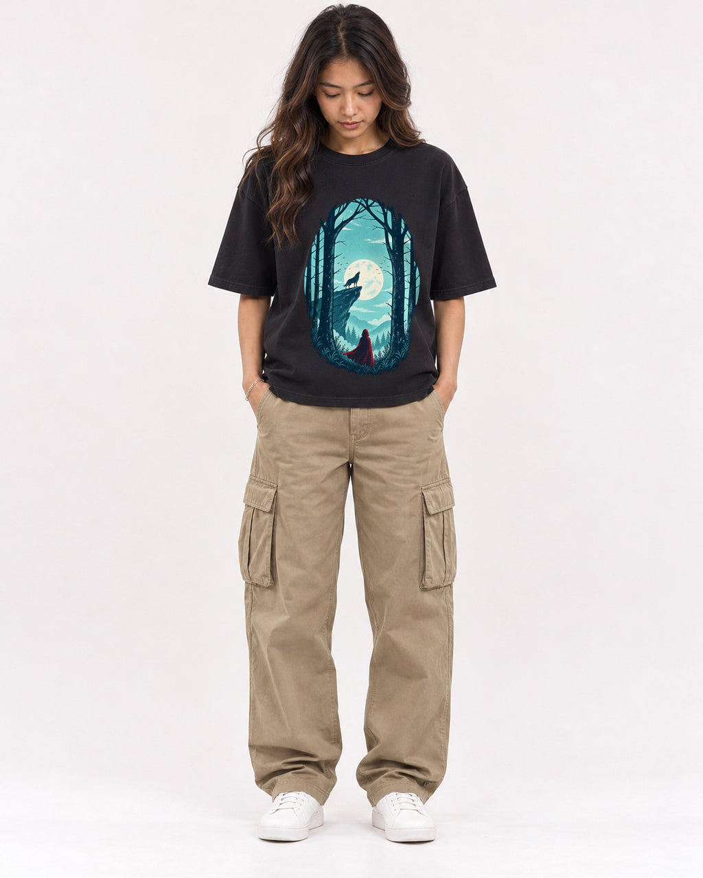 Mockup Boxy Heavyweight Tee Black female full-body 02