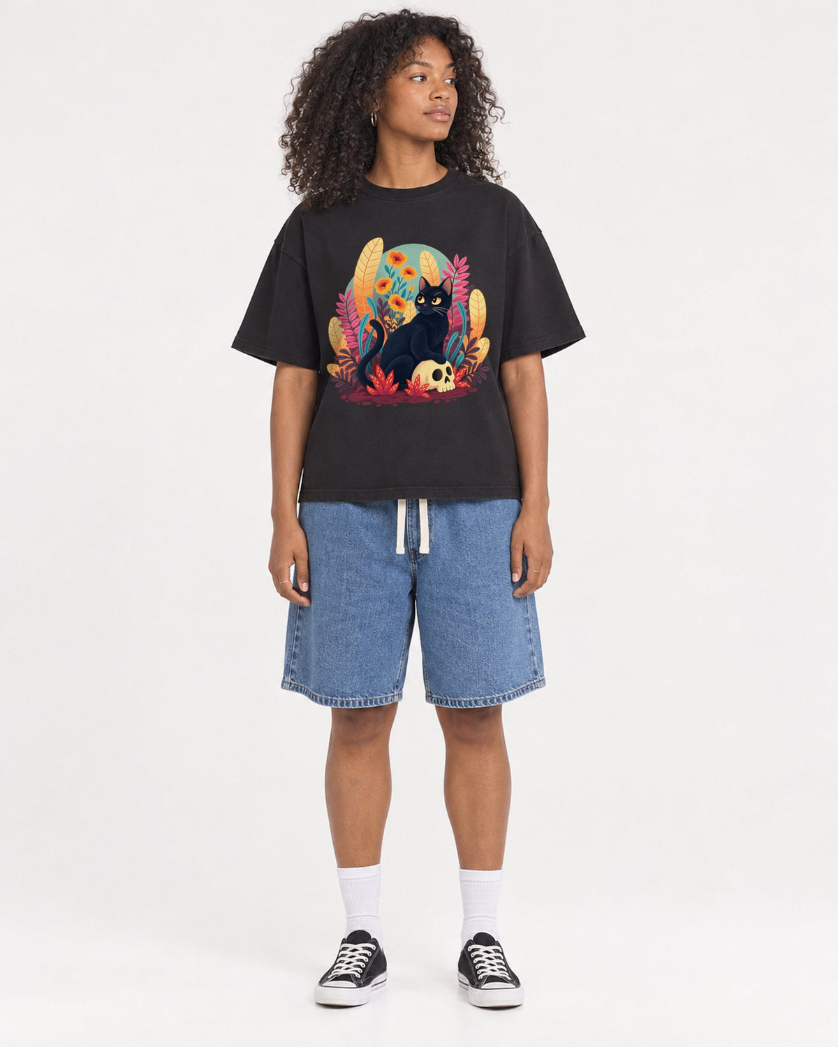 Mockup Boxy Heavyweight Tee Black female full-body 05