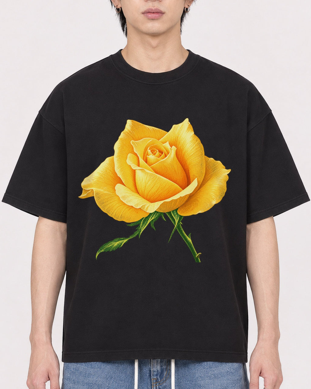 Mockup Boxy Heavyweight Tee Black male close-up 11