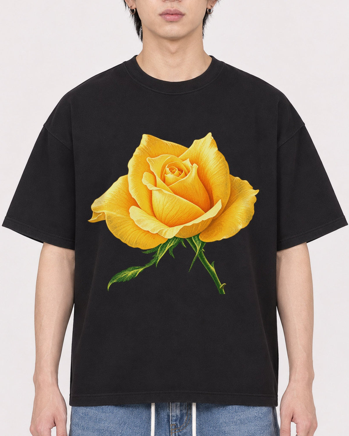 Mockup Boxy Heavyweight Tee Black male close-up 11