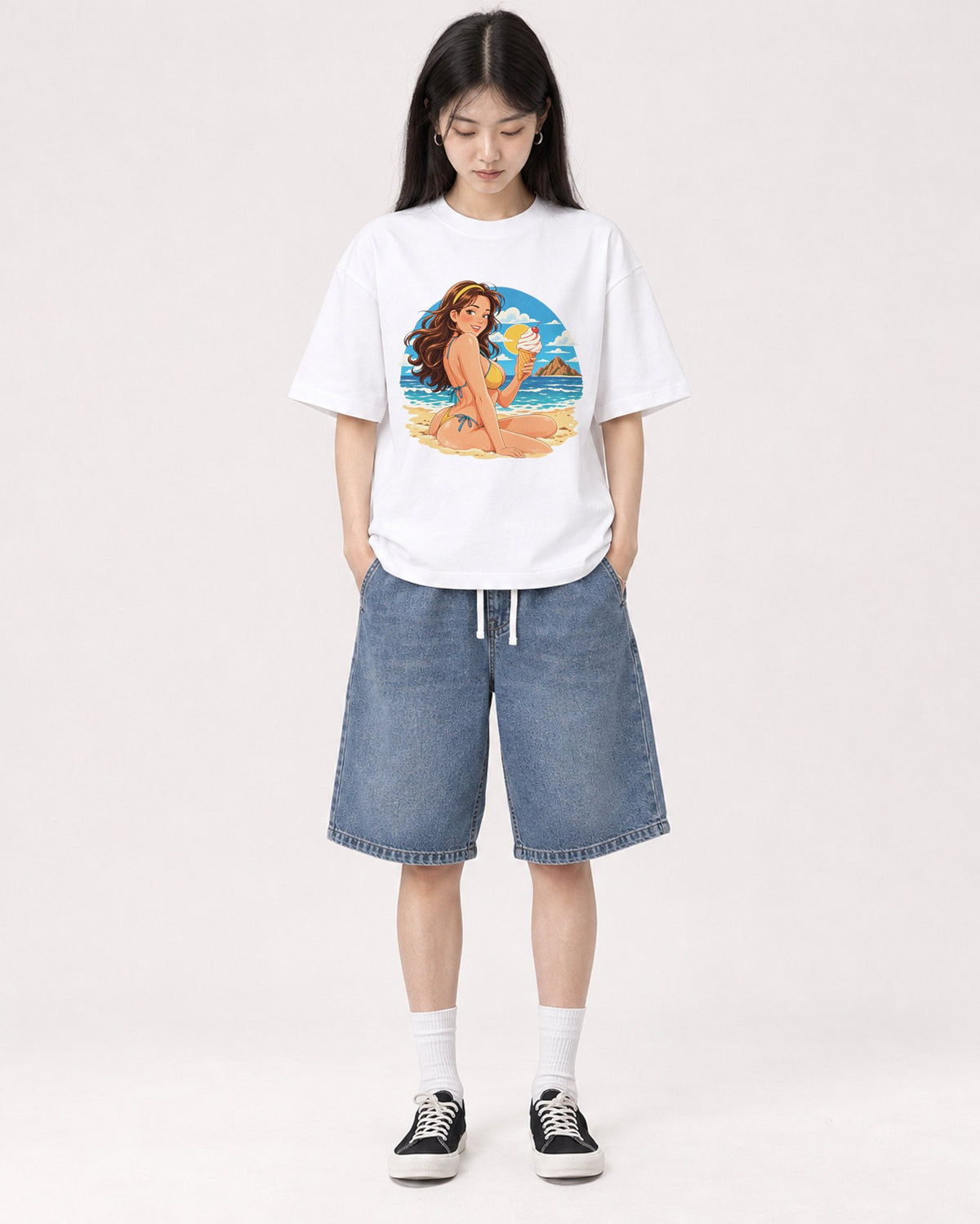 Mockup Boxy Heavyweight Tee White female full-body 01