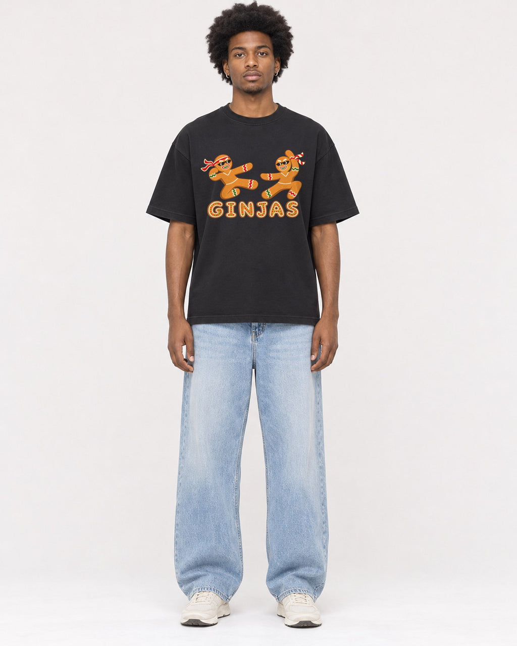 Mockup Boxy Heavyweight Tee Black male full-body 45