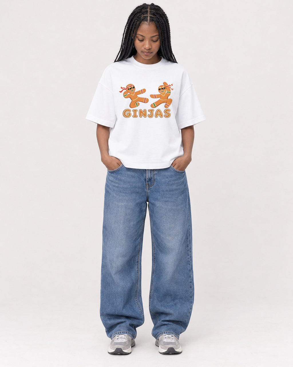 Mockup Boxy Heavyweight Tee White female full-body 45