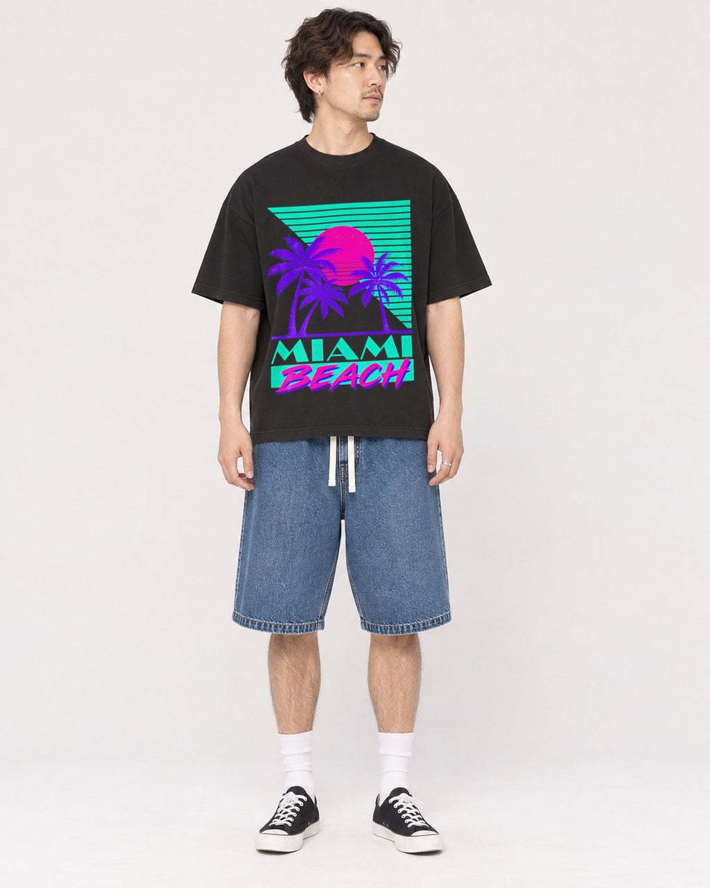 Mockup Boxy Heavyweight Tee Black male full-body 03