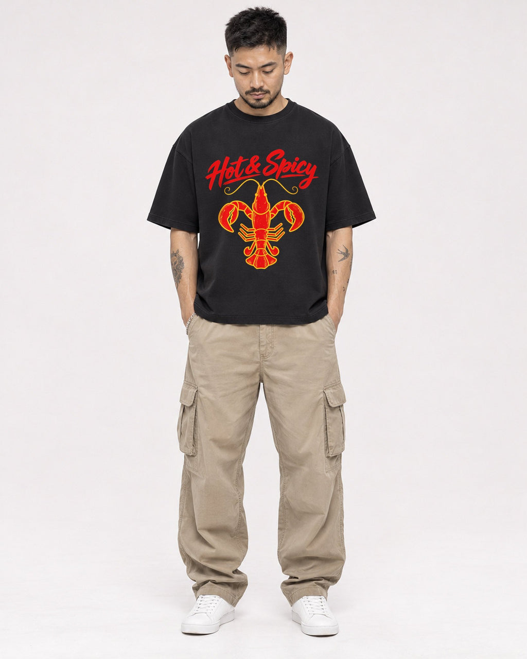 Mockup Boxy Heavyweight Tee Black male full-body 12