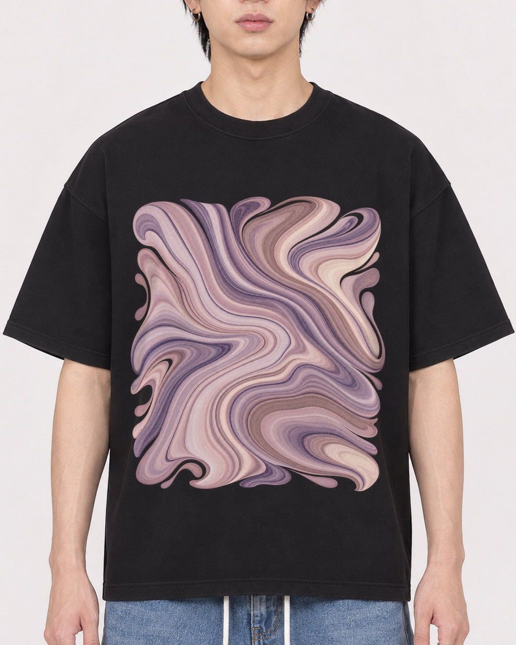 Mockup Boxy Heavyweight Tee Black male close-up 11