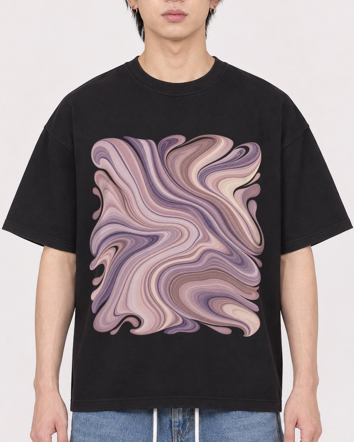 Mockup Boxy Heavyweight Tee Black male close-up 11