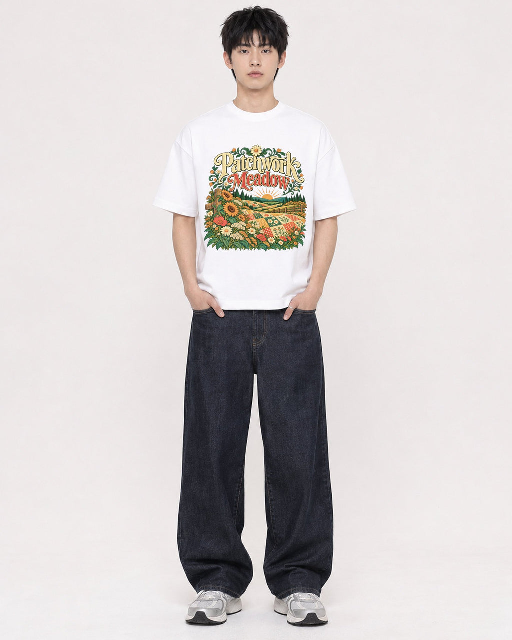 Mockup Boxy Heavyweight Tee White male full-body 01