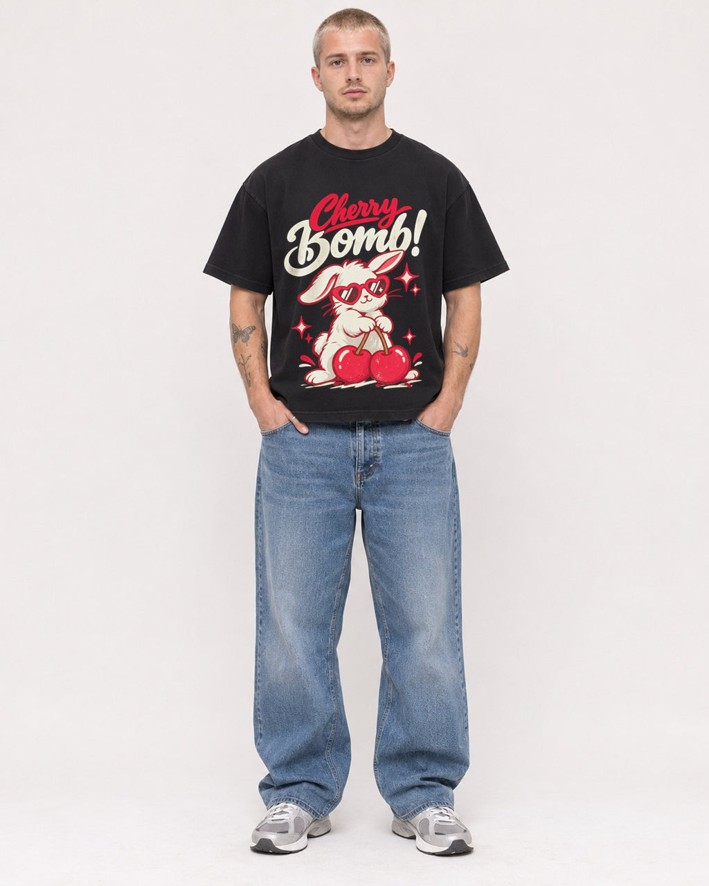 Mockup Boxy Heavyweight Tee Black male full-body 18