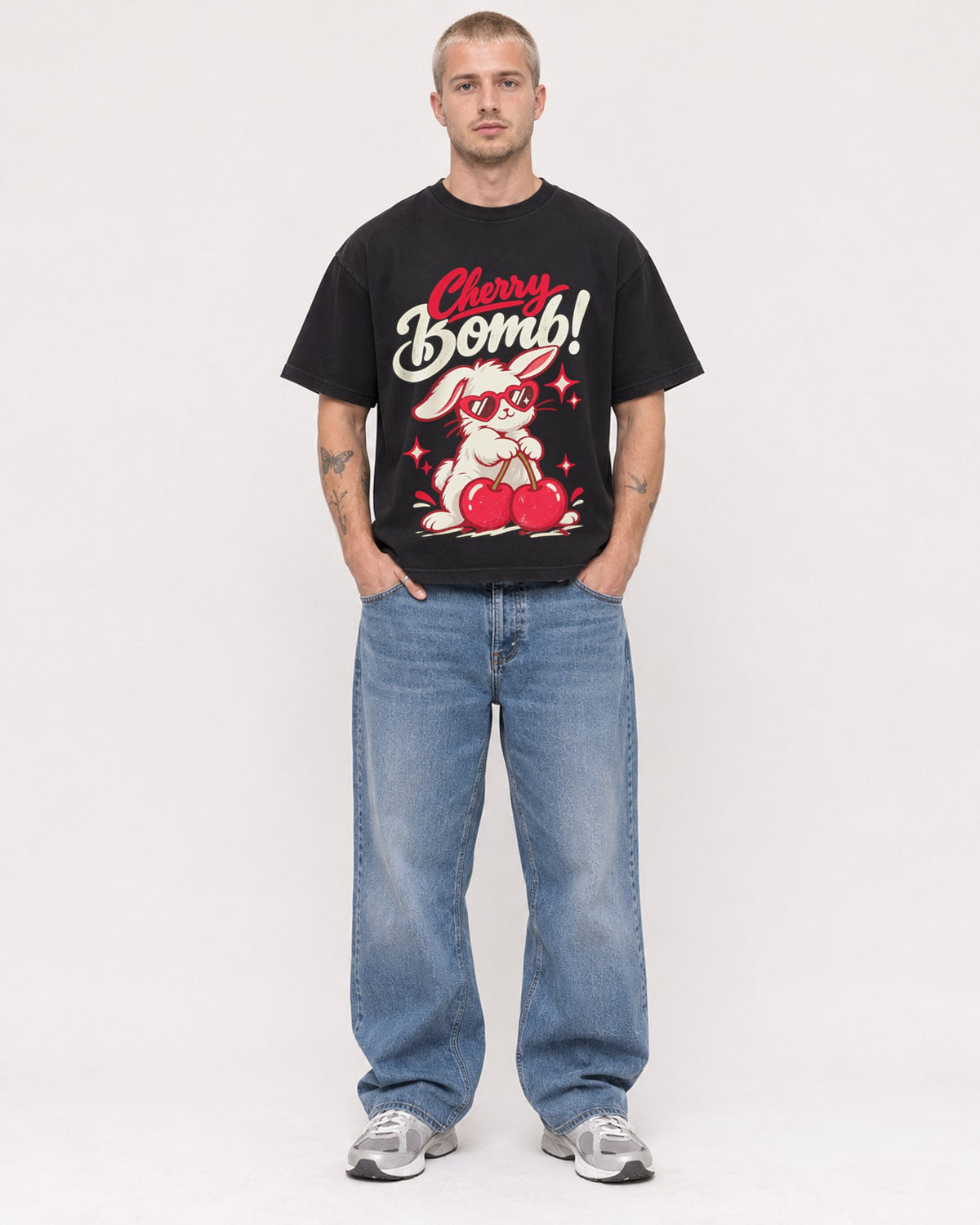 Mockup Boxy Heavyweight Tee Black male full-body 18