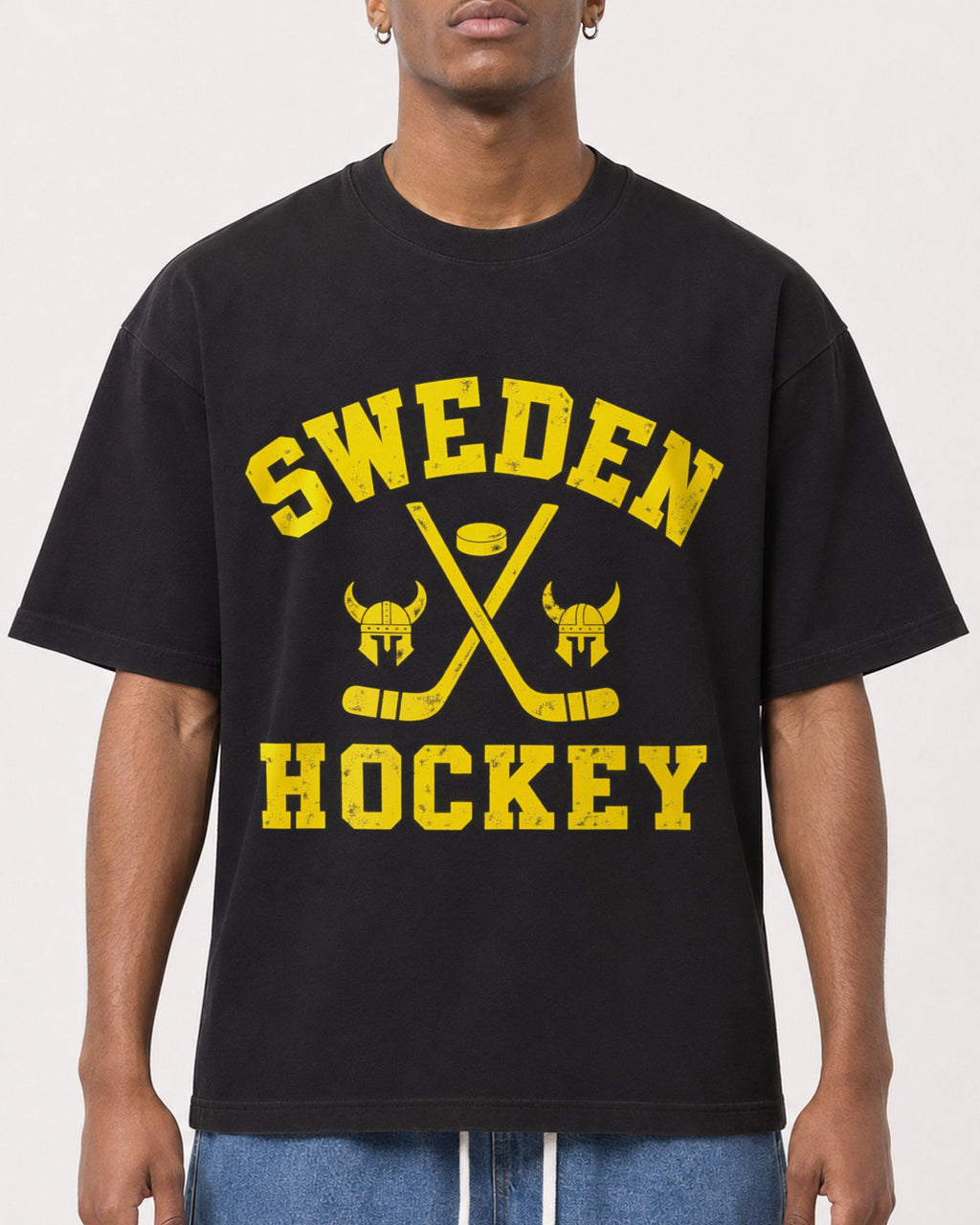 Mockup Boxy Heavyweight Tee Black male close-up 15
