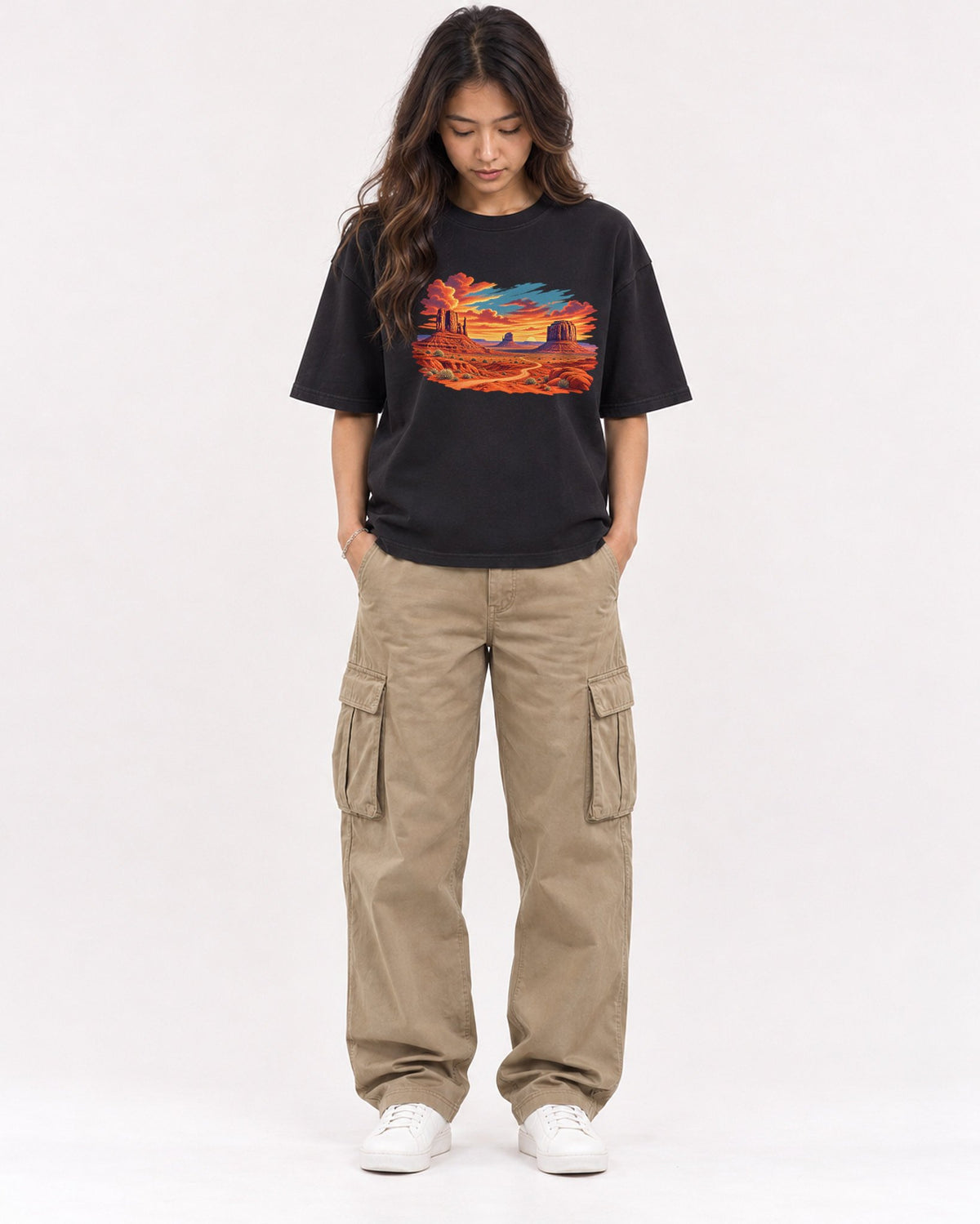 Mockup Boxy Heavyweight Tee Black female full-body 02