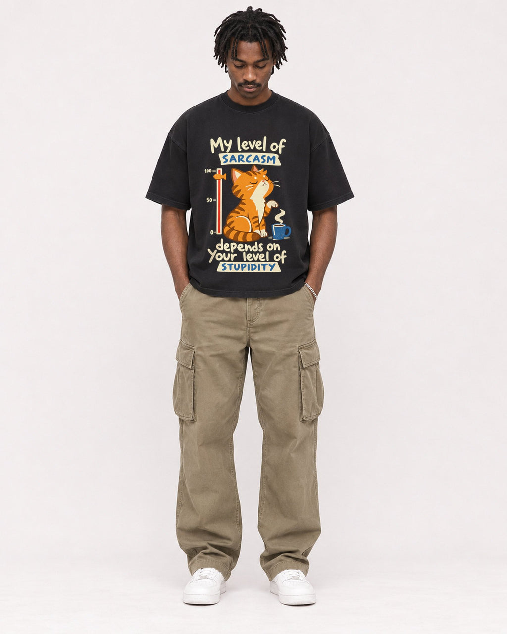 Mockup Boxy Heavyweight Tee Black male full-body 04