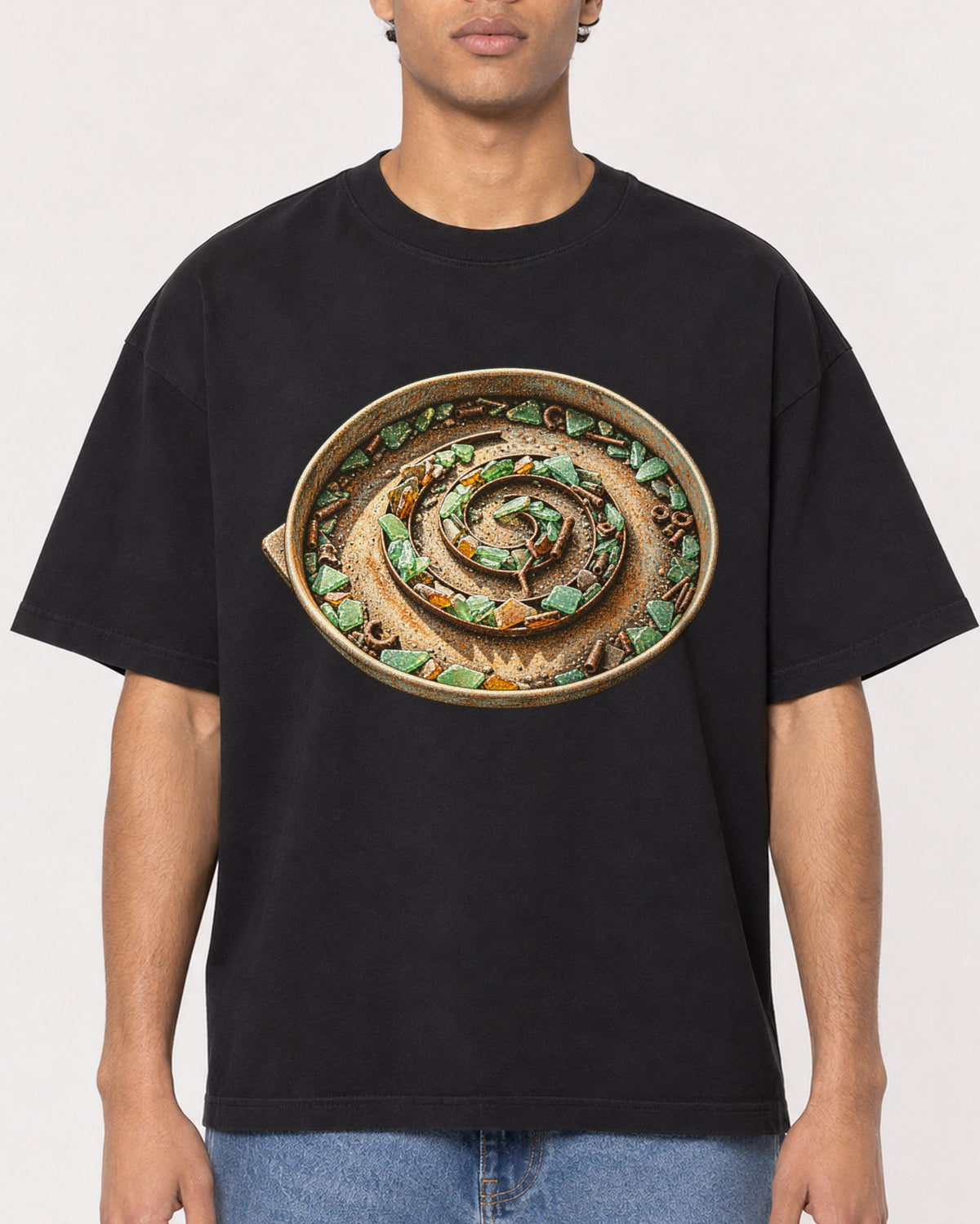 Mockup Boxy Heavyweight Tee Black male close-up 10
