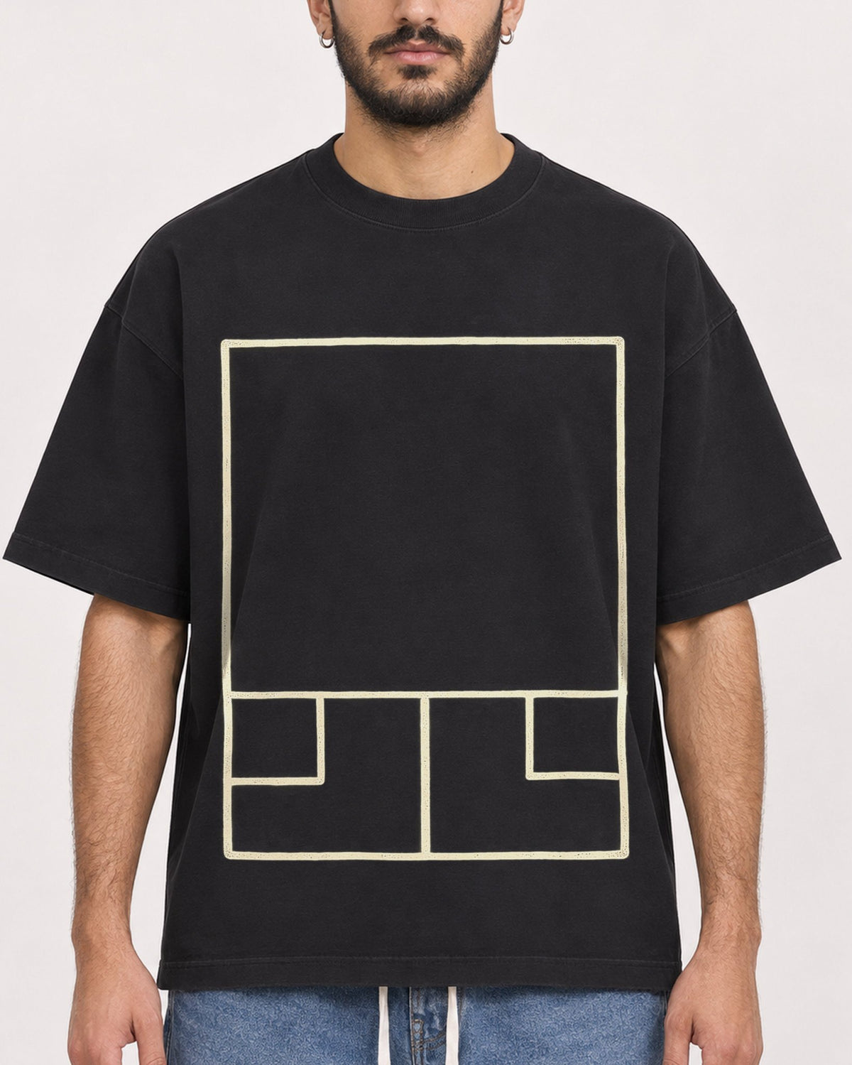 Mockup Boxy Heavyweight Tee Black male close-up 07