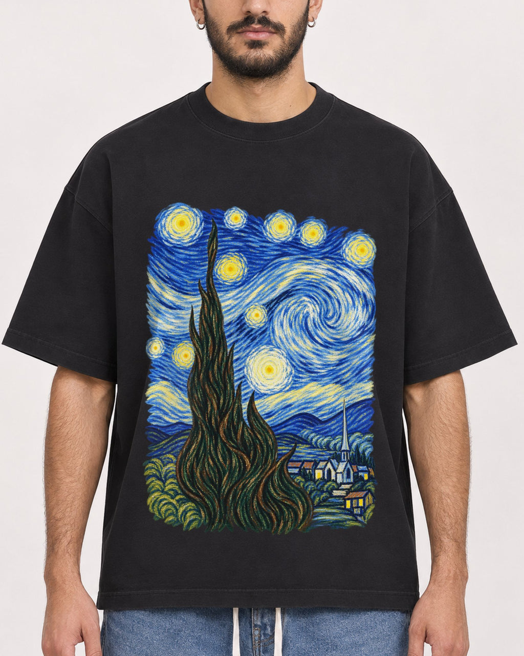Mockup Boxy Heavyweight Tee Black male close-up 07