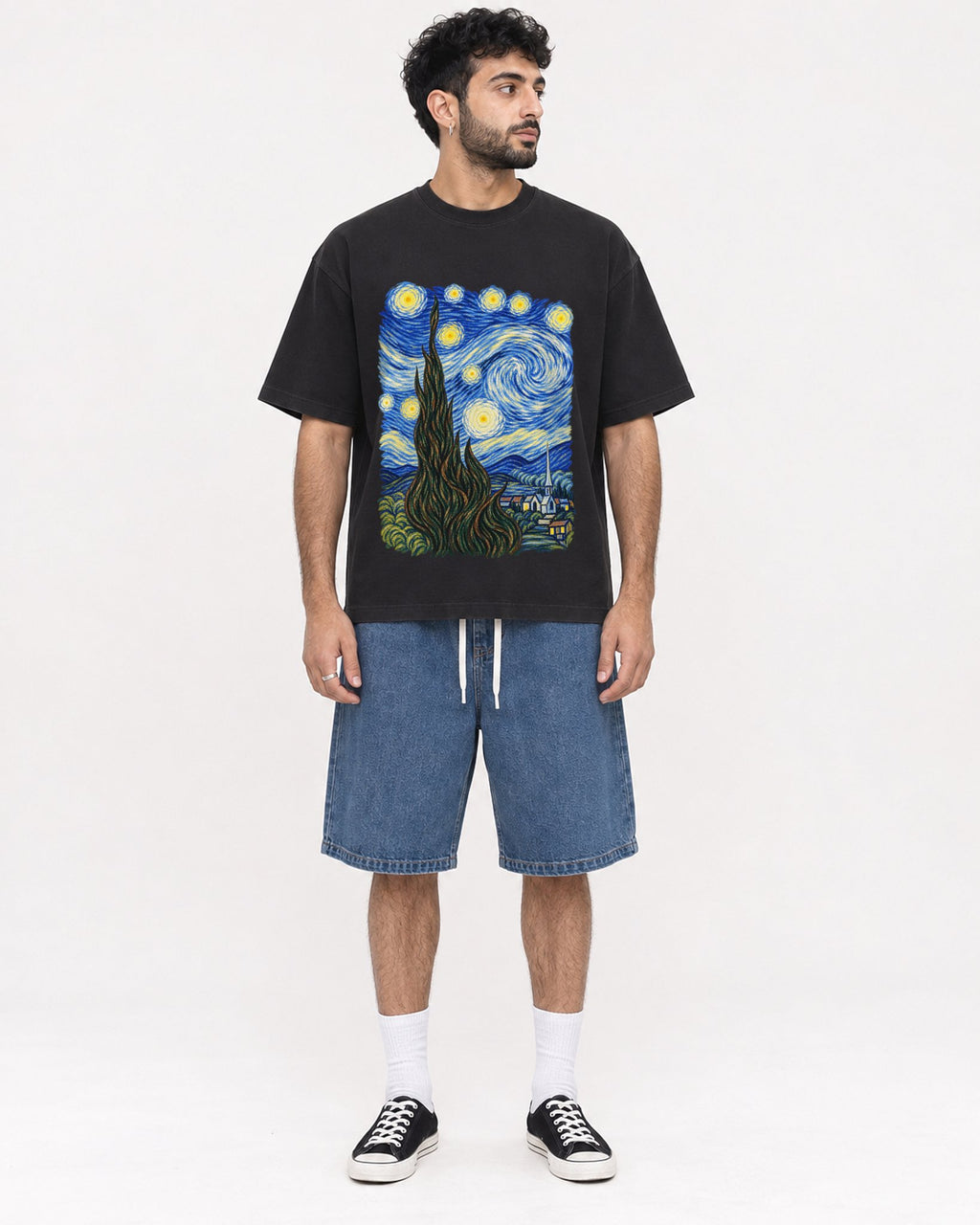 Mockup Boxy Heavyweight Tee Black male full-body 07