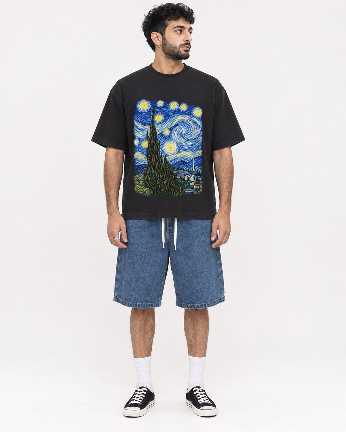 Mockup Boxy Heavyweight Tee Black male full-body 07
