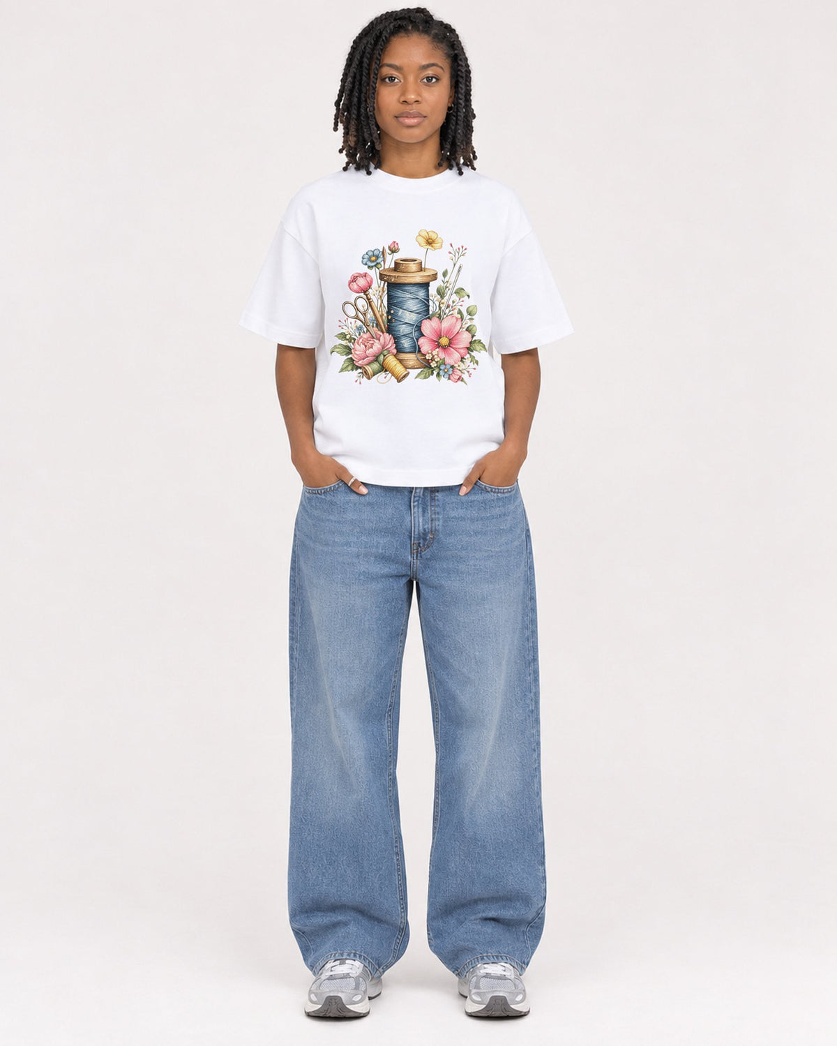 Mockup Boxy Heavyweight Tee White female full-body 15