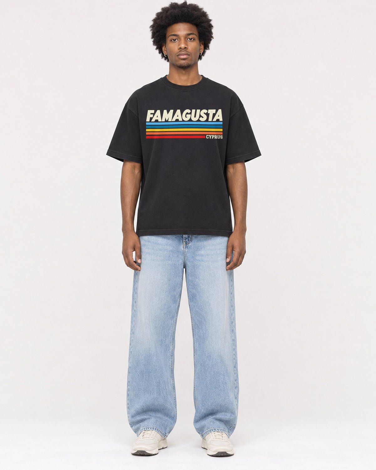Mockup Boxy Heavyweight Tee Black male full-body 45