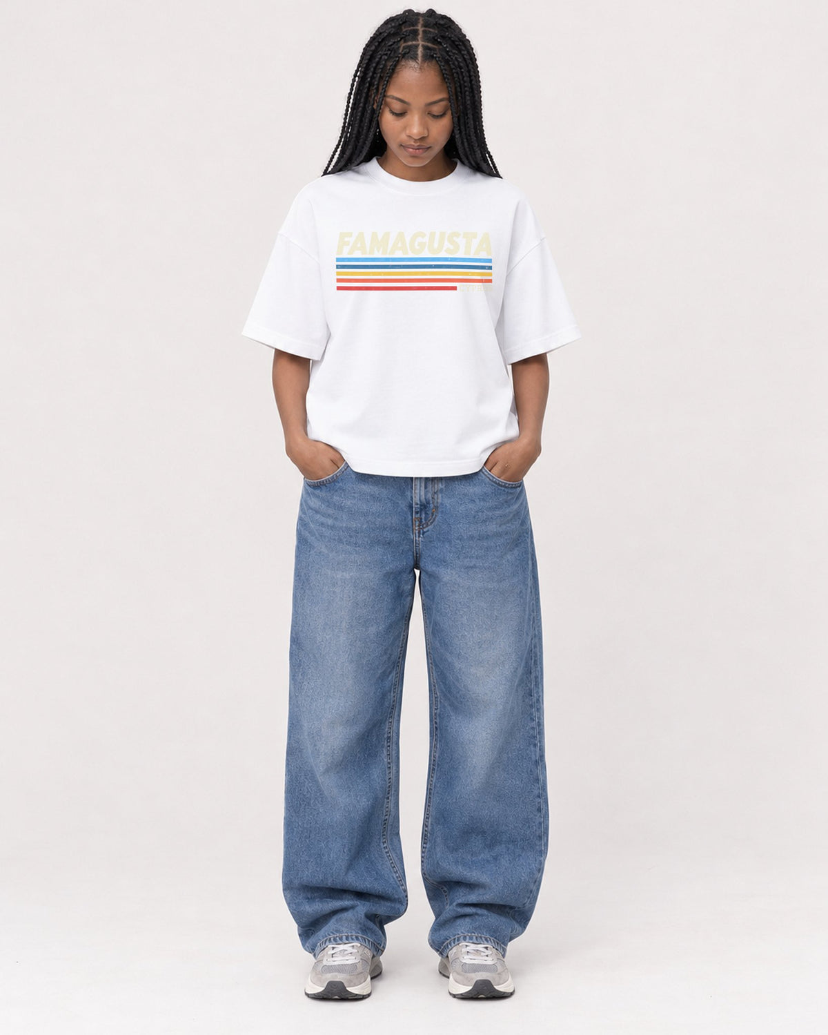 Mockup Boxy Heavyweight Tee White female full-body 45
