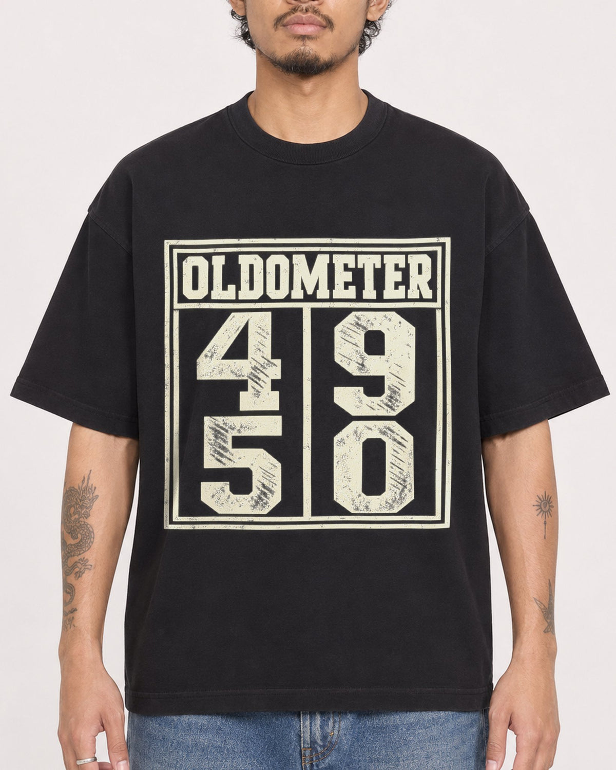 Mockup Boxy Heavyweight Tee Black male close-up 42