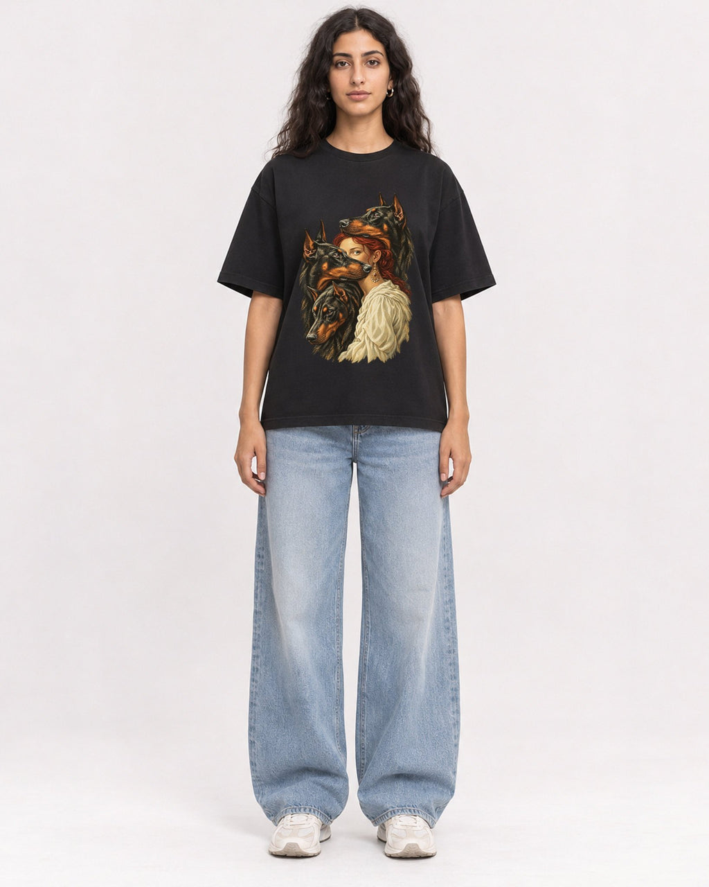 Mockup Boxy Heavyweight Tee Black female full-body 07