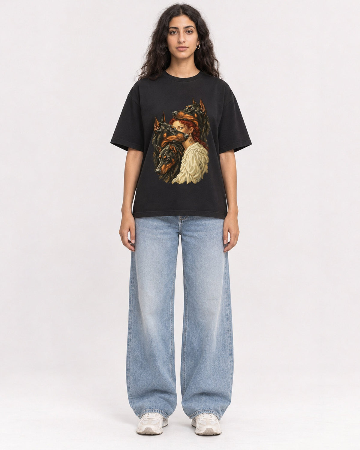 Mockup Boxy Heavyweight Tee Black female full-body 07