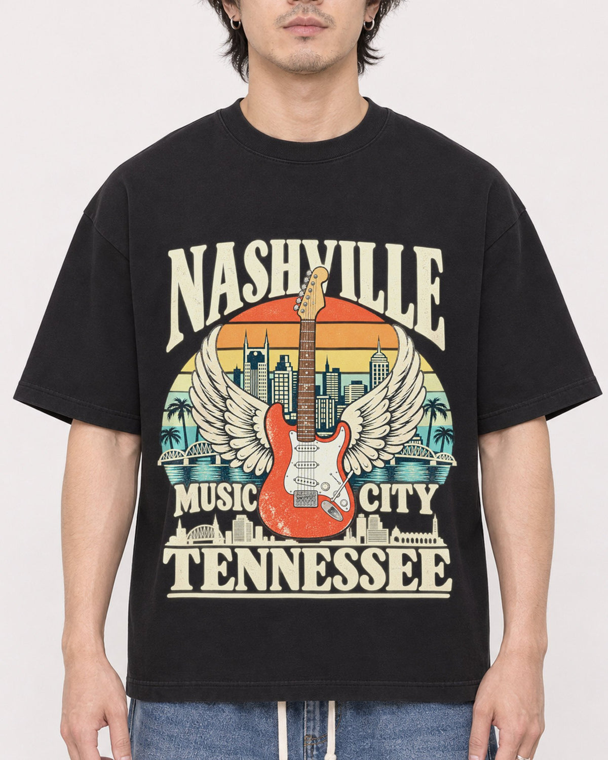 Mockup Boxy Heavyweight Tee Black male close-up 03