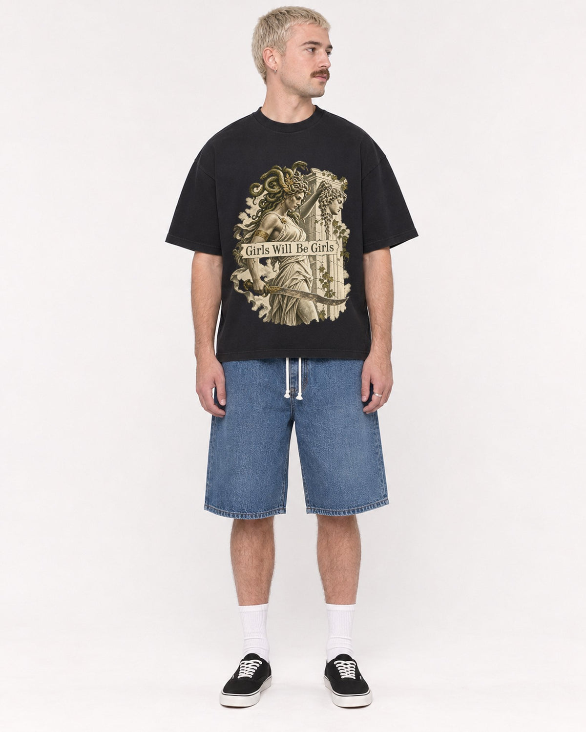 Mockup Boxy Heavyweight Tee Black male full-body 39